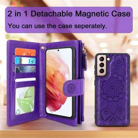 img 2 attached to 🌸 Detachable Magnetic Zipper Wallet Leather Case with Cash Pocket, 12 Card Slots, and Wrist Strap for Samsung Galaxy S21+ S21 Plus 5G 6.7 Inch (2021) G996U - Floral Flower (Purple)