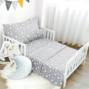 img 4 attached to 🌟 Soft Breathable Toddler Bedding Sets, 3 Piece Sheet Set for Boys and Girls, Includes Flat Sheet, Fitted Sheet, and Pillowcase, Baby Bedding in Grey Star Design