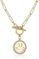 18k matte gold plated paperclip chain necklace for women and girls with evil eye, smiley face, and butterfly engraved hammered coin pendant - handmade, 18'' logo