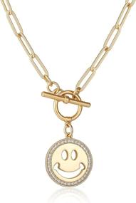 img 4 attached to 18K Matte Gold Plated Paperclip Chain Necklace for Women and Girls with Evil Eye, Smiley Face, and Butterfly Engraved Hammered Coin Pendant - Handmade, 18''