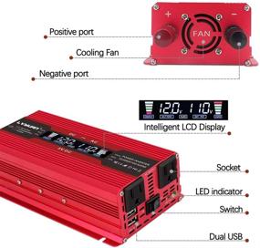 img 2 attached to Инвертор автомобильного энергоснабжения Yinleader 1000W / 2000W Peak - преобразователь постоянного тока 12V в переменный ток 110V с интеллектуальным ЖК-дисплеем, двумя розетками переменного тока, двумя USB-портами для автодомов, караванов, грузовиков, ноутбуков (1000W, красный)