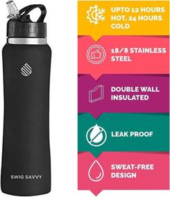 img 3 attached to Swig Savvy 32oz Vacuum Insulated Stainless Steel Sports Water Bottle with Straw Lid, Leakproof and Black Storage Sleeve