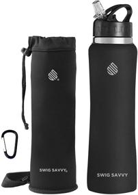 img 4 attached to Swig Savvy 32oz Vacuum Insulated Stainless Steel Sports Water Bottle with Straw Lid, Leakproof and Black Storage Sleeve