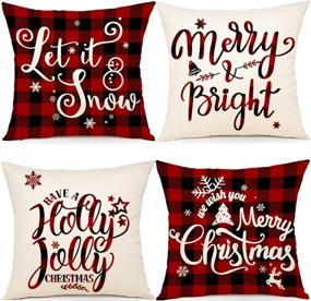 img 4 attached to Farmhouse Christmas Decor - Set of 4 Black and Red Buffalo Plaid Pillow Covers 18x18 - Rustic Linen Cushion Case for Holiday Sofa Couch - Christmas Decorations Throw Pillow Covers