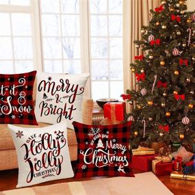 img 3 attached to Farmhouse Christmas Decor - Set of 4 Black and Red Buffalo Plaid Pillow Covers 18x18 - Rustic Linen Cushion Case for Holiday Sofa Couch - Christmas Decorations Throw Pillow Covers