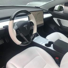 img 1 attached to Повысьте комфорт вашего Tesla Model 3/Y с iPobootech белой кожаной и углеродным автомобильным рулем - обмотка, выполненная вручную для идеального стиля