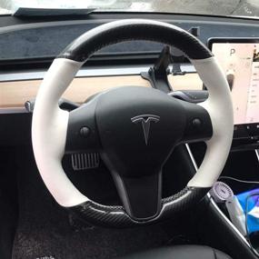 img 3 attached to Повысьте комфорт вашего Tesla Model 3/Y с iPobootech белой кожаной и углеродным автомобильным рулем - обмотка, выполненная вручную для идеального стиля