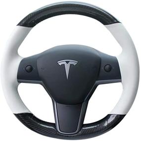 img 4 attached to Повысьте комфорт вашего Tesla Model 3/Y с iPobootech белой кожаной и углеродным автомобильным рулем - обмотка, выполненная вручную для идеального стиля