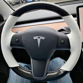 img 2 attached to Повысьте комфорт вашего Tesla Model 3/Y с iPobootech белой кожаной и углеродным автомобильным рулем - обмотка, выполненная вручную для идеального стиля