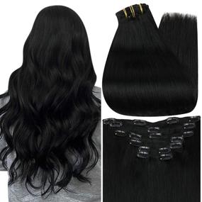 img 4 attached to 💇 Full Shine Clip in Hair Extensions Jet Black - 24 Inch Human Hair Color 1 - Natural & Lightweight 7-Piece Set for Thin Hair - Long & Silky-Smooth Straight Style