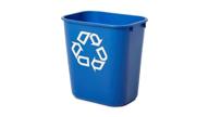 rubbermaid commercial products blue medium deskside/office recycling container with universal recycle symbol logo