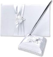 💍 elegant wedding guest book and pen set: white satin flower design with lined pages for sign-in - a classic touch guestbook for the perfect wedding logo