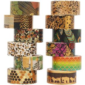 img 4 attached to 🐾 YUBX Wild Animals Washi Tape Set - 12 Rolls with Gold Foil Print for Arts, DIY Crafts, Bullet Journals, Planners, Scrapbooking, Wrapping - Decorative Masking Tapes