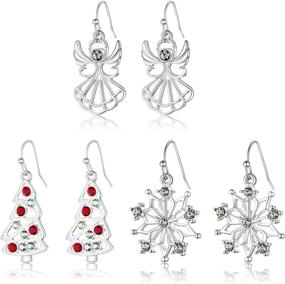 img 4 attached to 🎄 RareLove Christmas Angel Snowflake CZ Crystal Rhinestone Dangle Earrings Set of 3 - Silver Plated Alloy Holiday Jewelry for Women and Girls