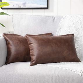 img 3 attached to YAERTUN Set of 2 Dark Brown Faux Leather Lumbar Throw Pillow Covers – Luxury Decorative Cushion Cases for Couch, Sofa, Bed – Modern Solid Outdoor Pillowcases (12x20 Inches)