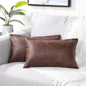 img 4 attached to YAERTUN Set of 2 Dark Brown Faux Leather Lumbar Throw Pillow Covers – Luxury Decorative Cushion Cases for Couch, Sofa, Bed – Modern Solid Outdoor Pillowcases (12x20 Inches)
