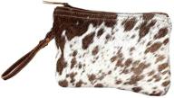 👜 cowhide wristlet handbag - small white & brown with zipper top - 6"x9" - cloth interior logo