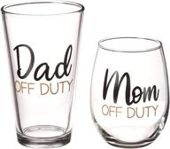 off duty mom and dad gift set - 15 oz stemless wine glass & 16 oz pint glass - perfect funny gift for new parents logo