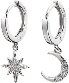 img 4 attached to ⭐🌙 Sterling Silver Crystal Star Moon Hoop Earrings: Dazzling Star Drop Earrings for Women and Teen Girls