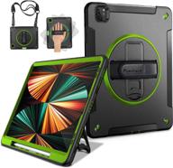 miesherk ipad pro 12.9 case 2021: durable shockproof cover with pencil holder - rotating stand - hand/shoulder strap - green logo