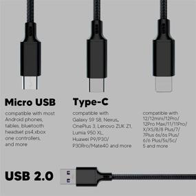 img 2 attached to 🔌 Convenient Multi Charging Cable - 3Pack 4FT 5A Fast Multiple Charger Cord for Cell Phones - Universal USB Cable with Type C/Micro USB Connectors (Black)