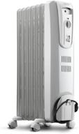 🔥 delonghi trh0715 oil-filled radiator space heater: full room quiet 1500w, adjustable thermostat, 3 heat settings. energy saving & safety features in light gray logo