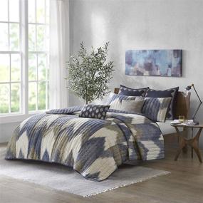 img 2 attached to INK+IVY Reversible Cotton Quilt - Luxury All Season Bedspread Bedding with Double Sided Stitching Design, 🛏️ Breathable Coverlet, Full/Queen Size (88 in x 92 in) - Alpine Chevron Navy, 3-Piece Set with Matching Shams
