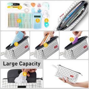 img 2 attached to Large Capacity Plaid White Pencil Case with Dual Compartments - Multi-functional Storage Holder for School Supplies, Office Stationery, Makeup, and More - Ideal Gift for Students, Teens, Girls, Boys, and Adults