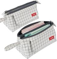 large capacity plaid white pencil case with dual compartments - multi-functional storage holder for school supplies, office stationery, makeup, and more - ideal gift for students, teens, girls, boys, and adults logo