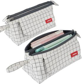img 4 attached to Large Capacity Plaid White Pencil Case with Dual Compartments - Multi-functional Storage Holder for School Supplies, Office Stationery, Makeup, and More - Ideal Gift for Students, Teens, Girls, Boys, and Adults