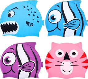 img 4 attached to 🏊 Fun and Functional: Silicone Waterproof Swim Caps for Kids - Cute Cartoon Animal Design, Set of 4