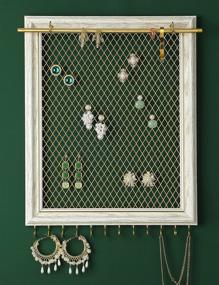 img 4 attached to Heesch Vintage Rustic Earring Organizer: Wall Mounted Jewelry Holder with Removable Rod and 12 Hooks for Necklaces, Bracelets, and Rings – Distressed White