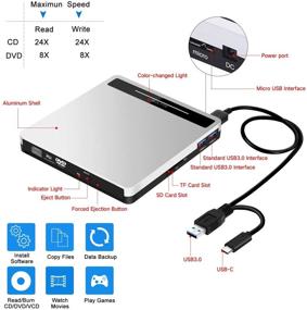 img 2 attached to 📀 Portable External CD DVD Drive, USB 3.0/USB-C CD ROM Player Burner for Laptop Mac Windows PC, Slim Disk Rewriter with SD/TF Slot and 2 USB3.0 Ports
