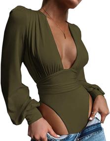 img 4 attached to Syydn Women's V Neck Puff Sleeve Bodycon Jumpsuit: Sexy, Stretchy Bodysuit Jumpsuits