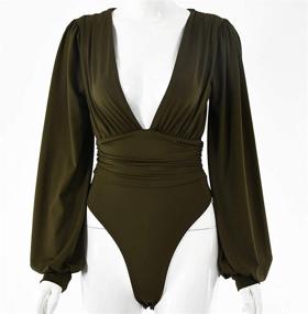 img 1 attached to Syydn Women's V Neck Puff Sleeve Bodycon Jumpsuit: Sexy, Stretchy Bodysuit Jumpsuits