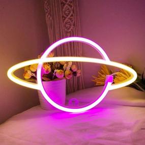 img 1 attached to 🪐 Planet Neon Sign by iceagle - LED Neon Light Wall Signs, Battery & USB Powered Light Up Wall Decor for Bedroom Party Wedding Kids Girls Boy Room, Pink & Warm White