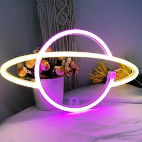 img 2 attached to 🪐 Planet Neon Sign by iceagle - LED Neon Light Wall Signs, Battery & USB Powered Light Up Wall Decor for Bedroom Party Wedding Kids Girls Boy Room, Pink & Warm White