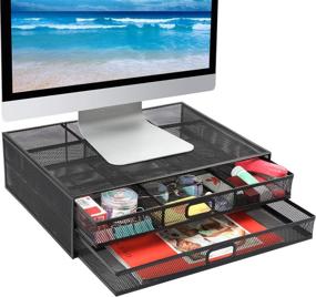 img 4 attached to 🖥️ HUANUO Monitor Stand with Drawer: Mesh Metal Riser for Desk Organization and Storage