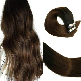 img 4 attached to 💇 HUAYI Black Trend To Chocolate Brown 50g 20Pcs 18-inch Tape In Hair Extensions | Human Hair | Soft Thick Ends | Tangle-Free Tape | Durable | Silky Straight | Balayage Hair Extensions (Shade 1BT4#18&#39;&#39;)