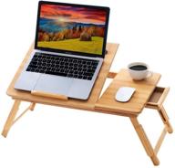 bmh 100% natural bamboo foldable laptop desk: adjustable height bed tray table with drawer for eating and reading ipad computer lap desk logo