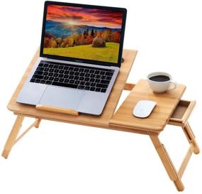 img 4 attached to BMH 100% натуральный столик из бамбука для ноутбука: складной, регулируемой высоты, с ящиком для еды и чтения, столик для IPad, компьютера в постели.