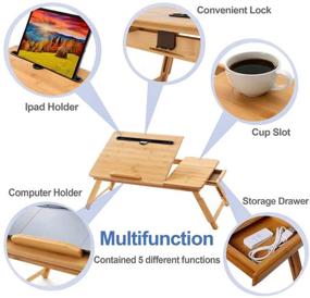 img 1 attached to BMH 100% натуральный столик из бамбука для ноутбука: складной, регулируемой высоты, с ящиком для еды и чтения, столик для IPad, компьютера в постели.