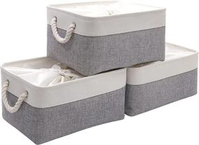 img 4 attached to 📦 3-Pack Large Canvas Storage Baskets with Drawstring Lids, Foldable Boxes for Organizing Closets, Clothes, Toys, Books, etc. - Gray/ White, 15.7 x 11.8 x 8.2 inches