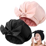 💦 stay stylish and dry - 2 piece adjustable bow-knot shower caps for women and girls - reusable, waterproof, and travel-friendly! (pink & black) logo