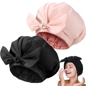 img 4 attached to 💦 Stay Stylish and Dry - 2 Piece Adjustable Bow-knot Shower Caps for Women and Girls - Reusable, Waterproof, and Travel-Friendly! (Pink & Black)