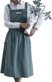 img 4 attached to Japanese Vintage Cute Apron Dress: Cross Back Pinafore Apron for Women 🎀 with 2 Pockets - Ideal for Cooking, Painting, and Gardening (Grey Green, Regular Size)