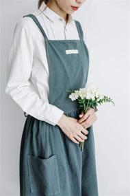 img 3 attached to Japanese Vintage Cute Apron Dress: Cross Back Pinafore Apron for Women 🎀 with 2 Pockets - Ideal for Cooking, Painting, and Gardening (Grey Green, Regular Size)