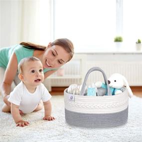 img 3 attached to KiddyCare Baby Diaper Caddy Organizer: Stylish Rope Nursery Storage Bin with 100% Cotton Canvas - Portable Diaper Storage Basket for Changing Table & Car - Perfect Baby Shower Gift