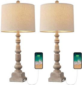 img 4 attached to 🪔 Oneach Vintage Table Lamps: Dual USB Port Set for Living Room & Bedroom - 2-Piece White Washed 27.75" Rustic Lighting with Farmhouse Charm