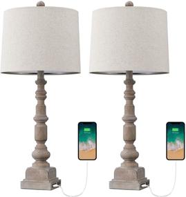 img 3 attached to 🪔 Oneach Vintage Table Lamps: Dual USB Port Set for Living Room & Bedroom - 2-Piece White Washed 27.75" Rustic Lighting with Farmhouse Charm